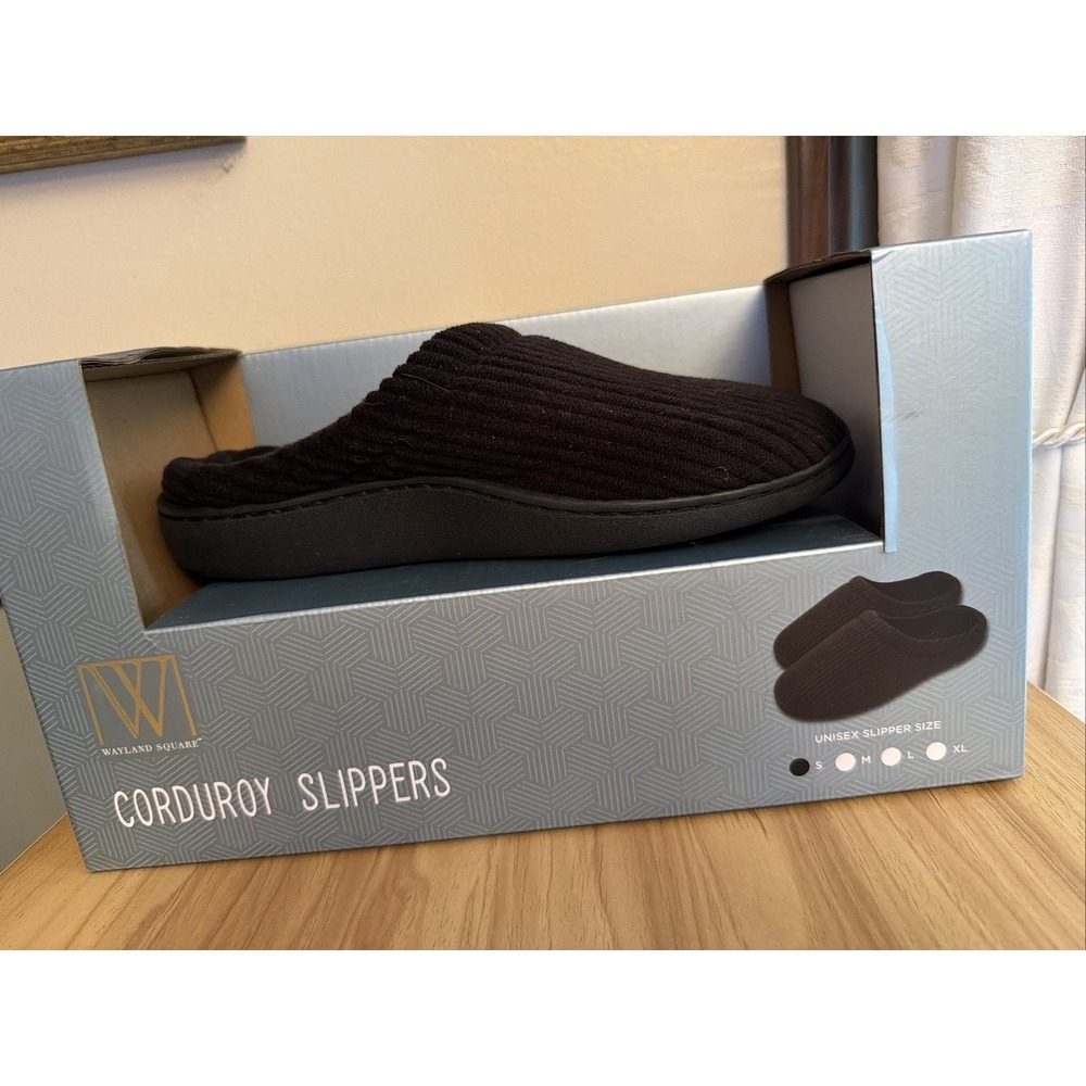 Wayland Square Black Corduroy Slippers Men 6-7 Women 7-8 Memory Foam Small